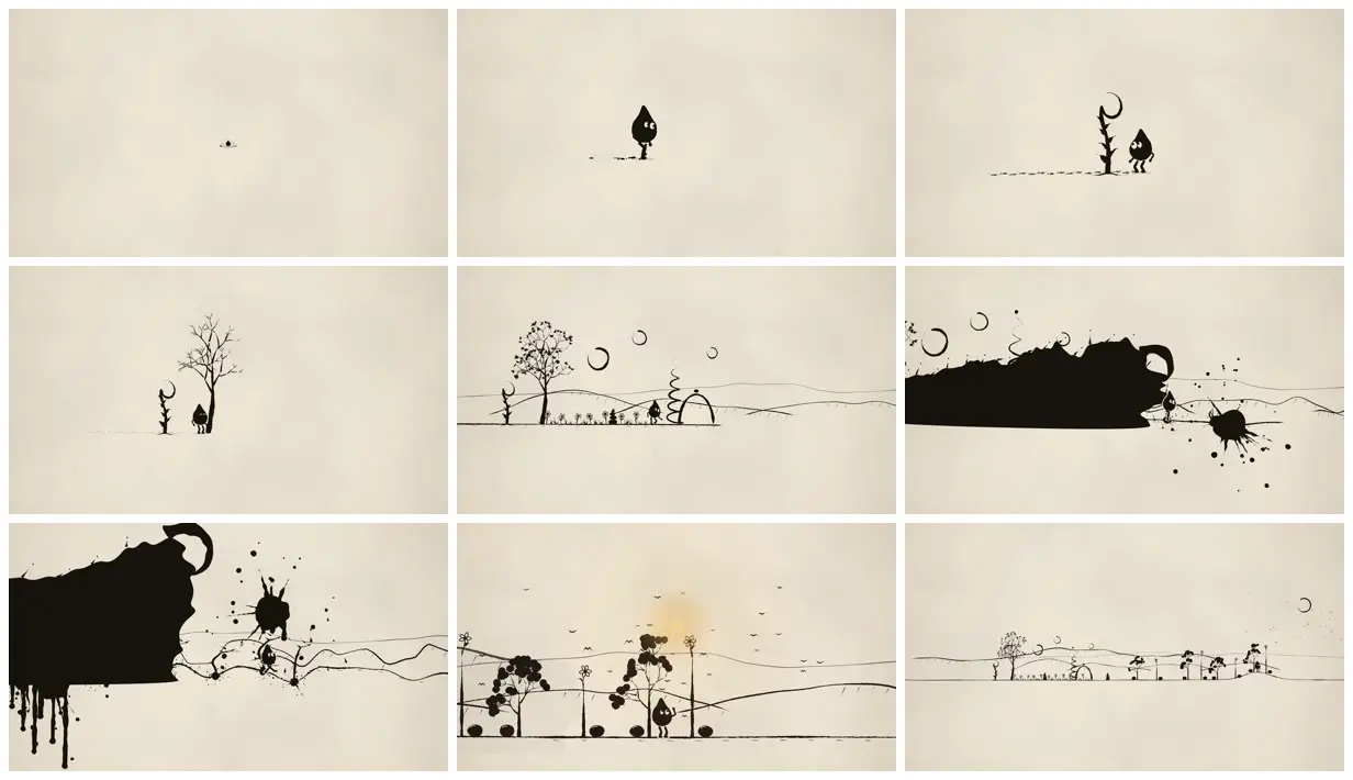 Nine frames from across The First Spark, a black-ink short film