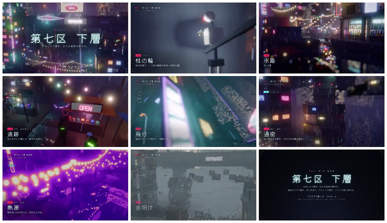 Nine frames from across Flooded cyberpunk district as a diorama