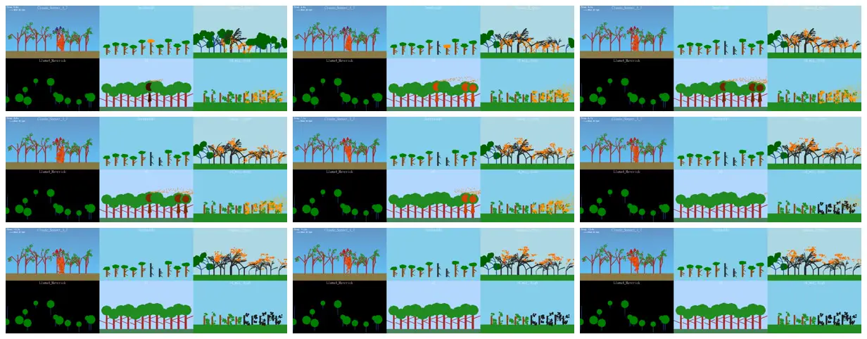 Nine frames from across Forest fire simulation by six models