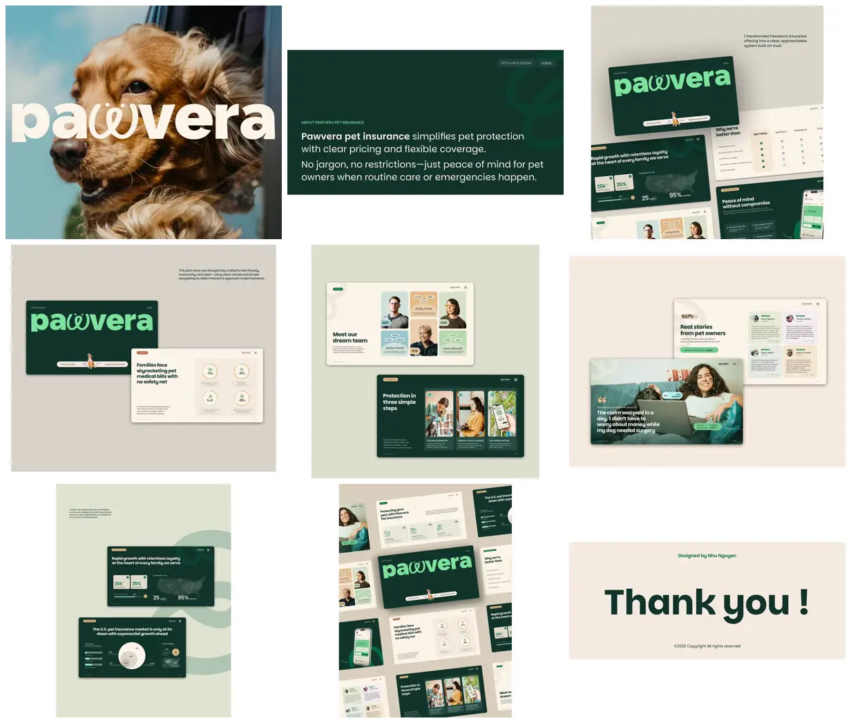 Nine frames from across Forest-green pet insurance pitch deck