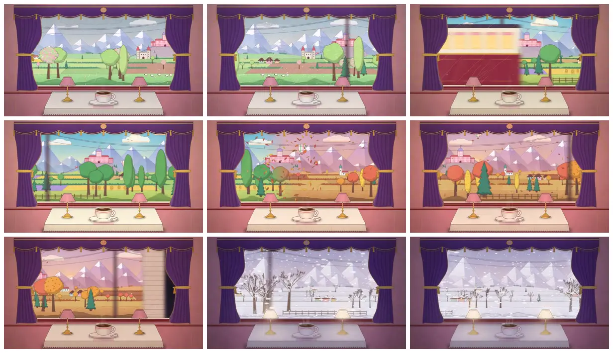 Nine frames from across Four seasons past a cozy train window