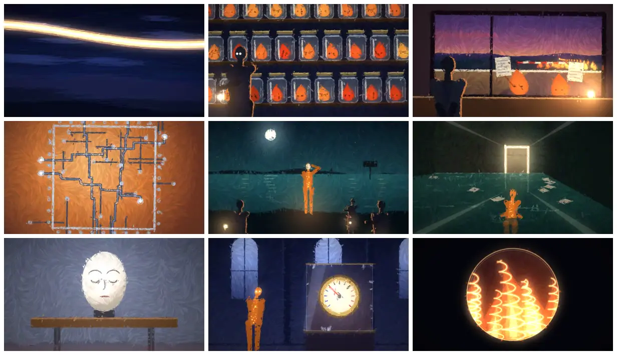 Nine frames from across Functional Emotions painted music video