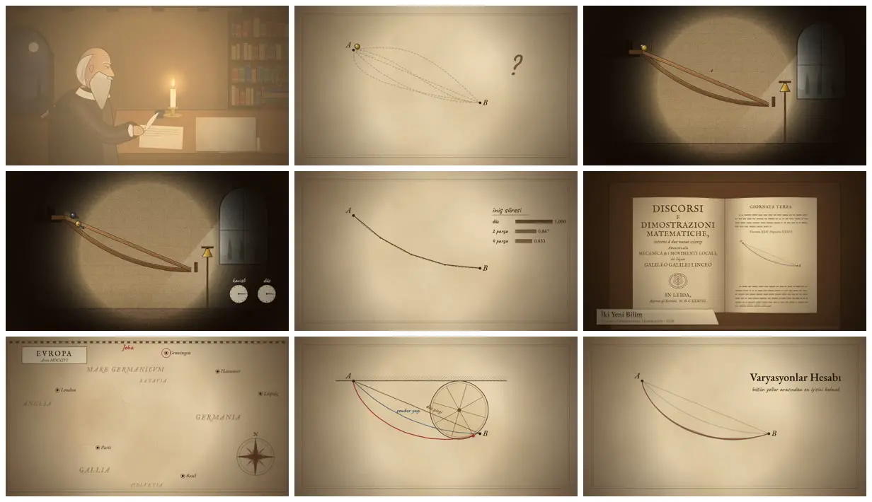 Nine frames from across Galileo, Bernoulli and the fastest path