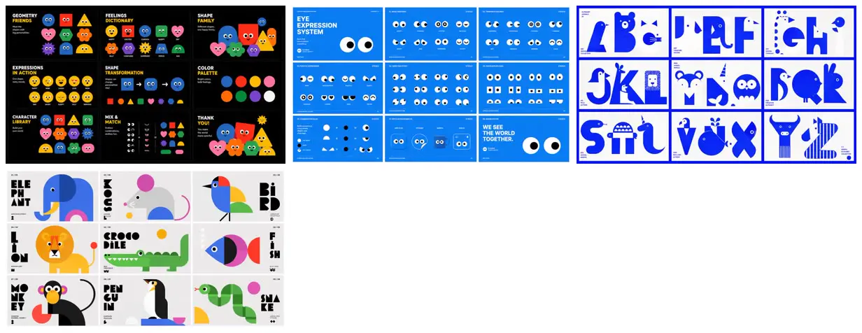 Nine frames from across Geometric characters and animal alphabets