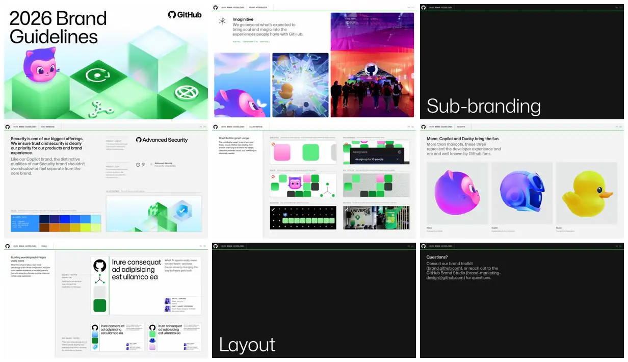 Nine frames from across GitHub's 2026 brand guidelines