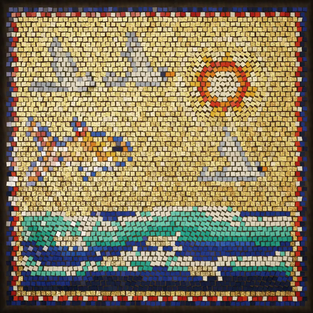 Frame from Gold mosaic whose tiles fly as flocks