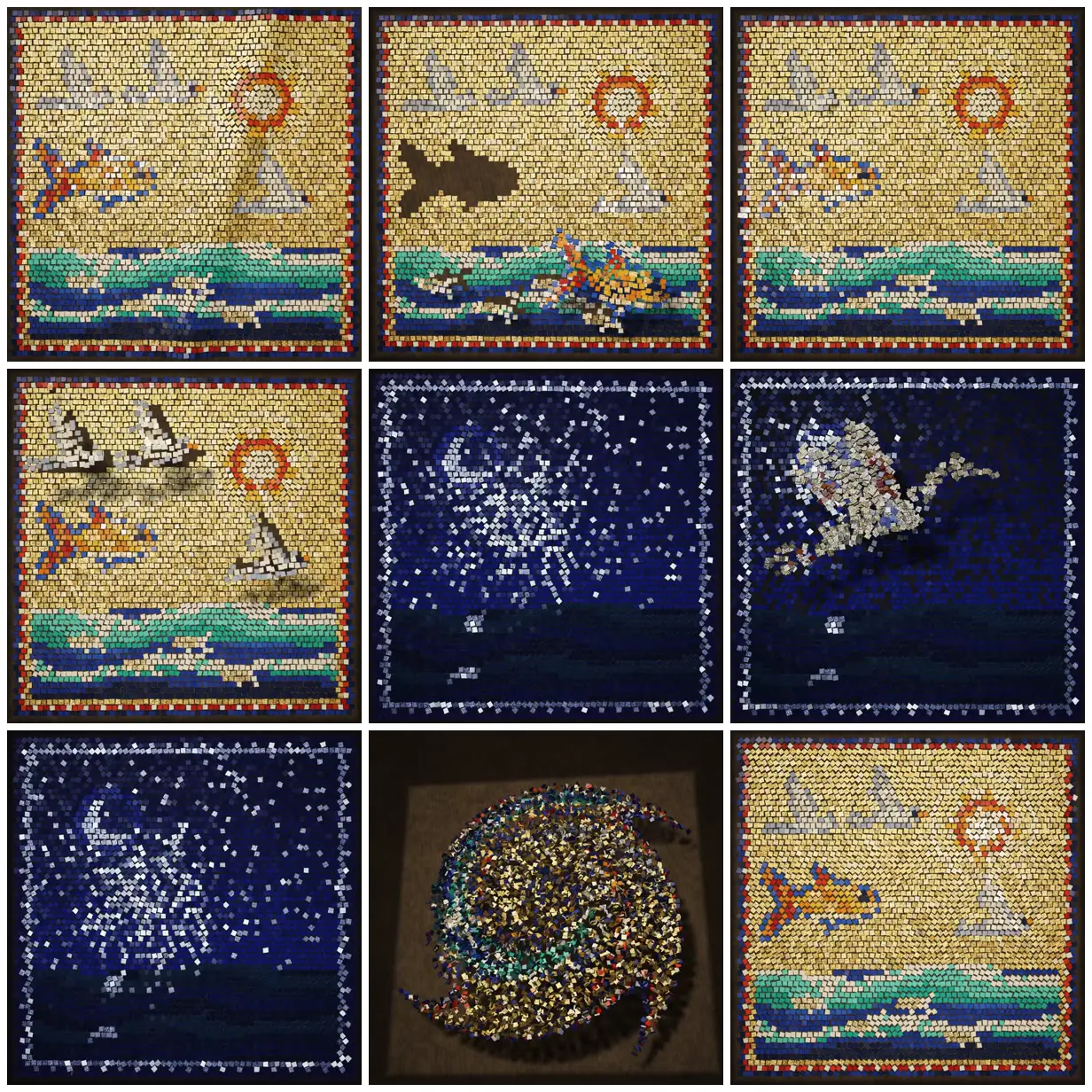 Nine frames from across Gold mosaic whose tiles fly as flocks