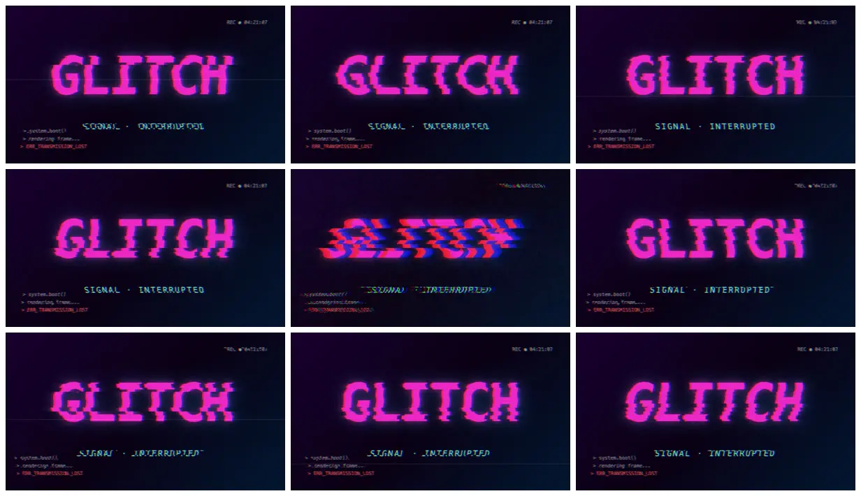 Nine frames from across Glitch effect on a neon sample card