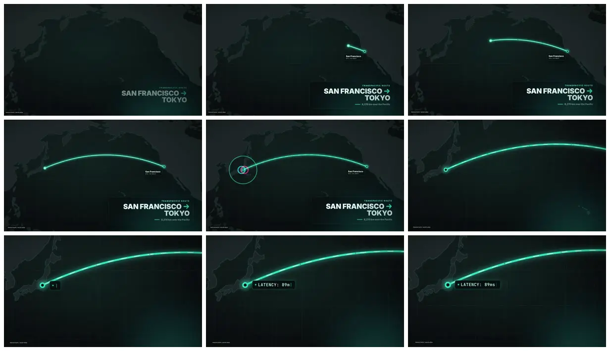 Nine frames from across Flight arc from San Francisco to Tokyo