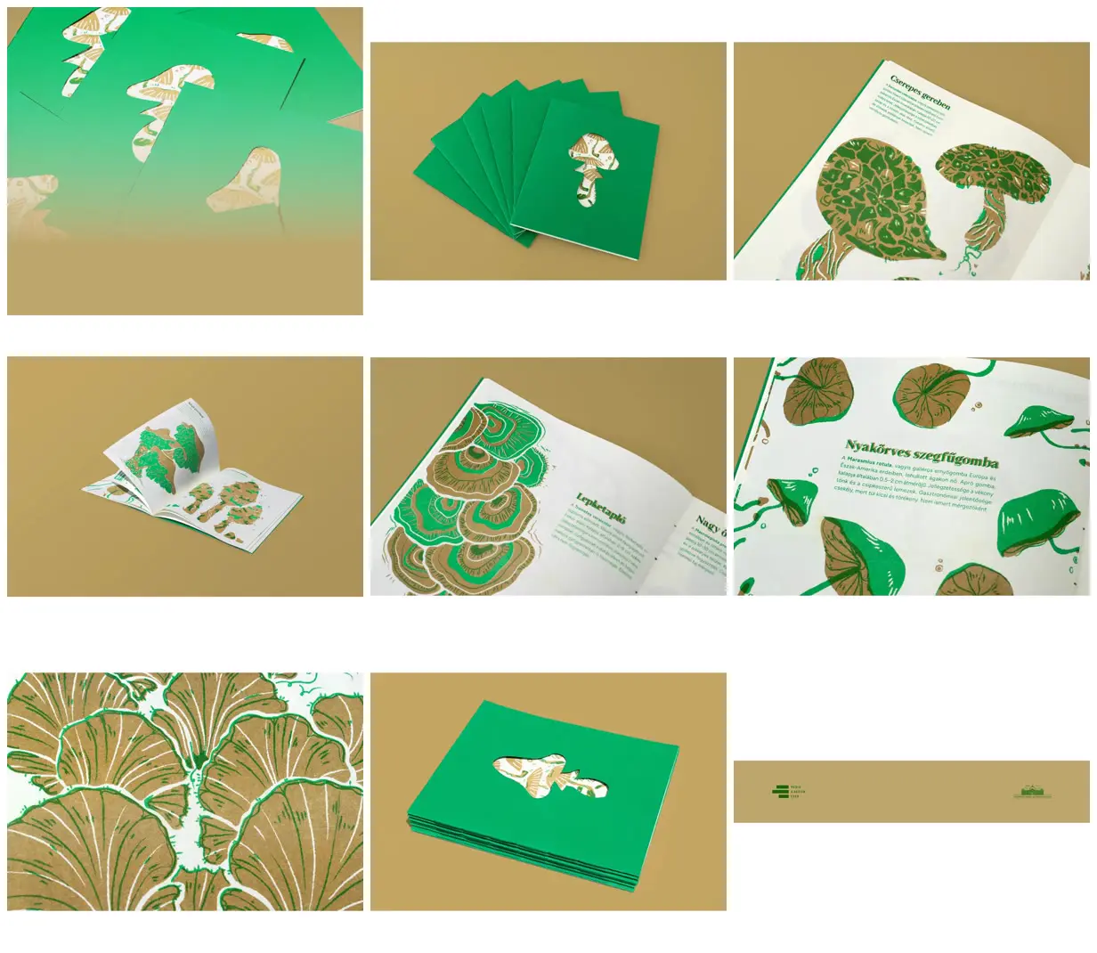 Nine frames from across Green and gold mushroom field guide