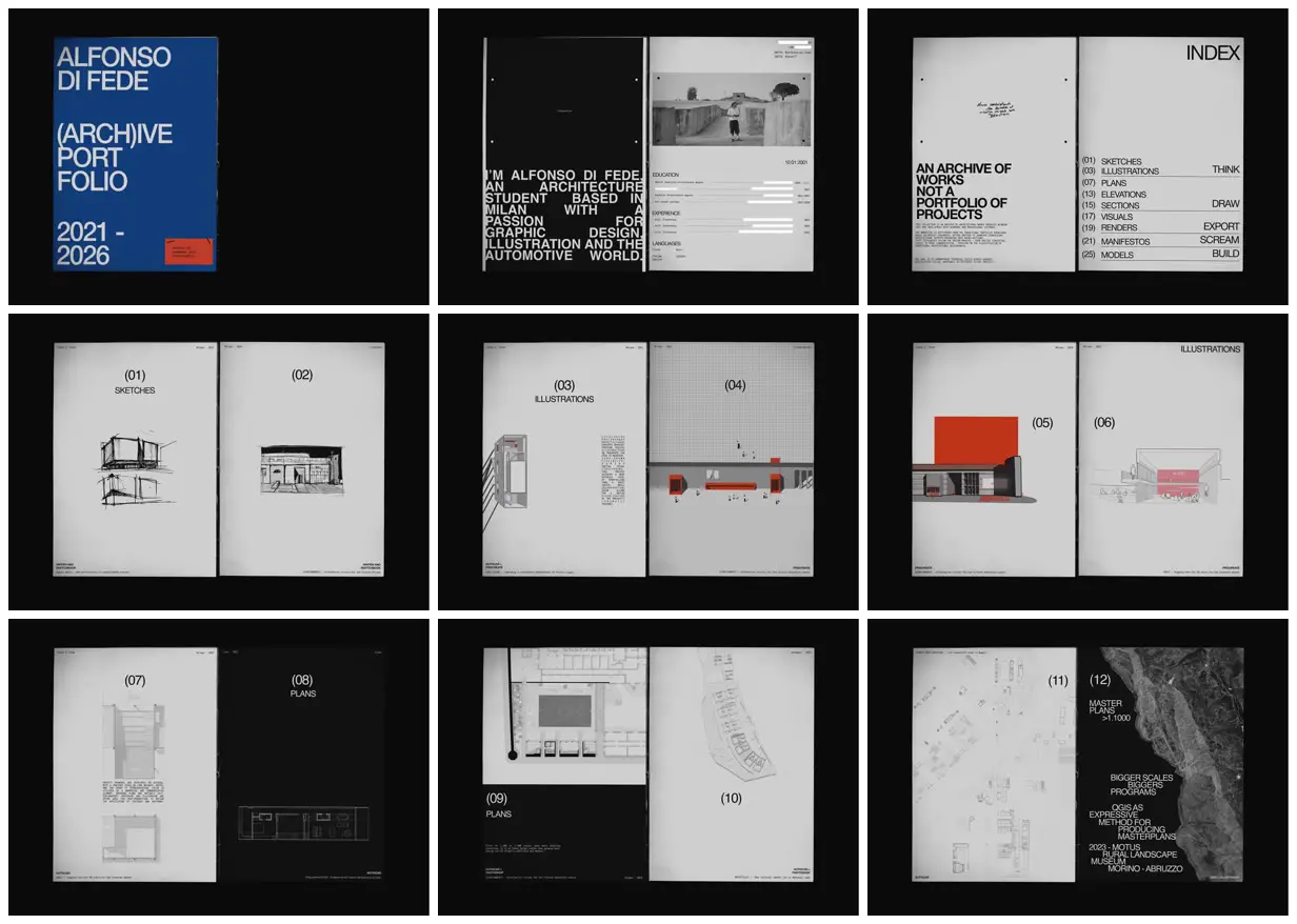 Nine frames from across Architecture archive in grey and red