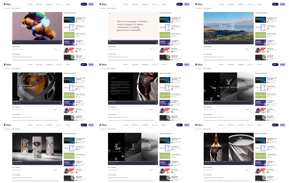 Nine frames from across Sculptural packaging credentials deck