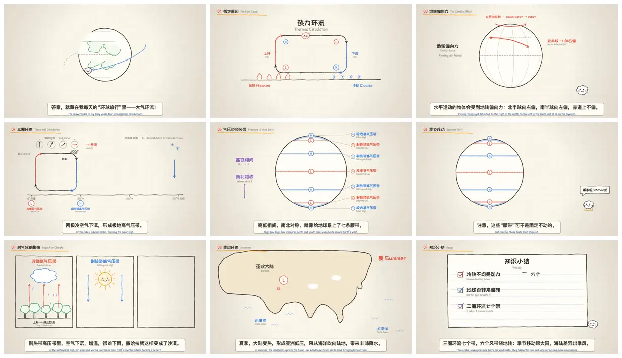 Nine frames from across Line-art lesson on atmospheric circulation