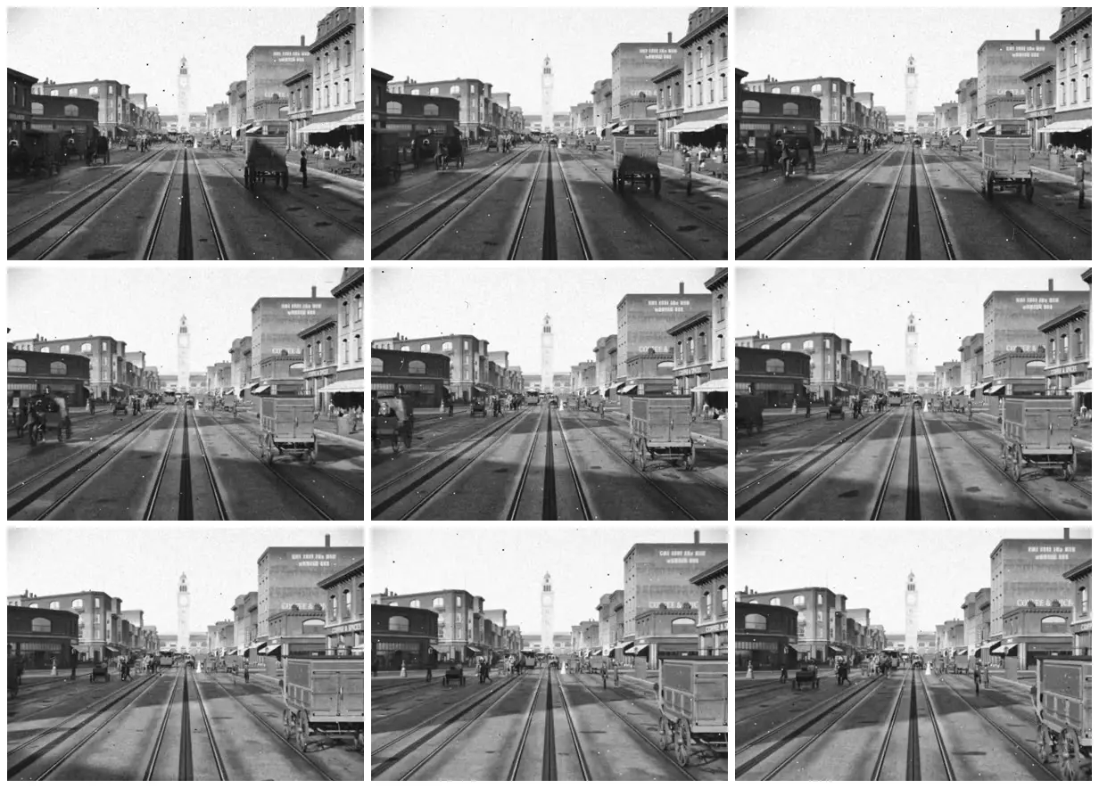 Nine frames from across Market Street in 1906, rebuilt in 3D