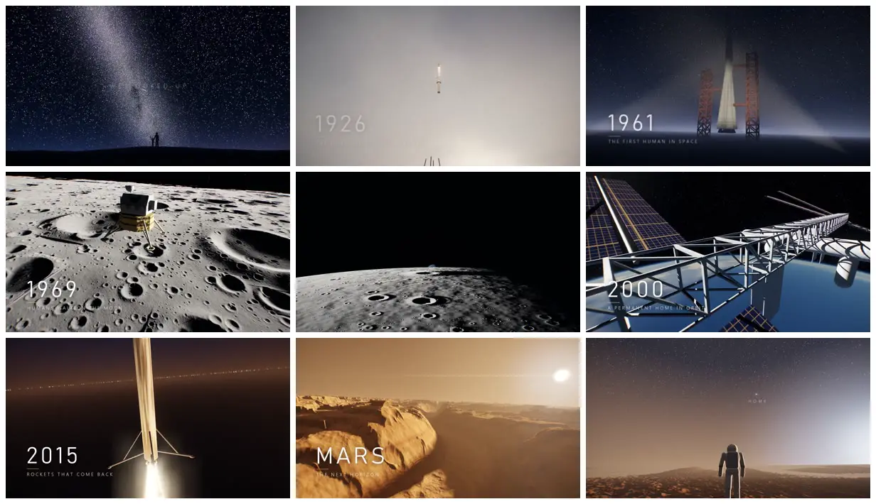 Nine frames from across Space exploration as a documentary trailer