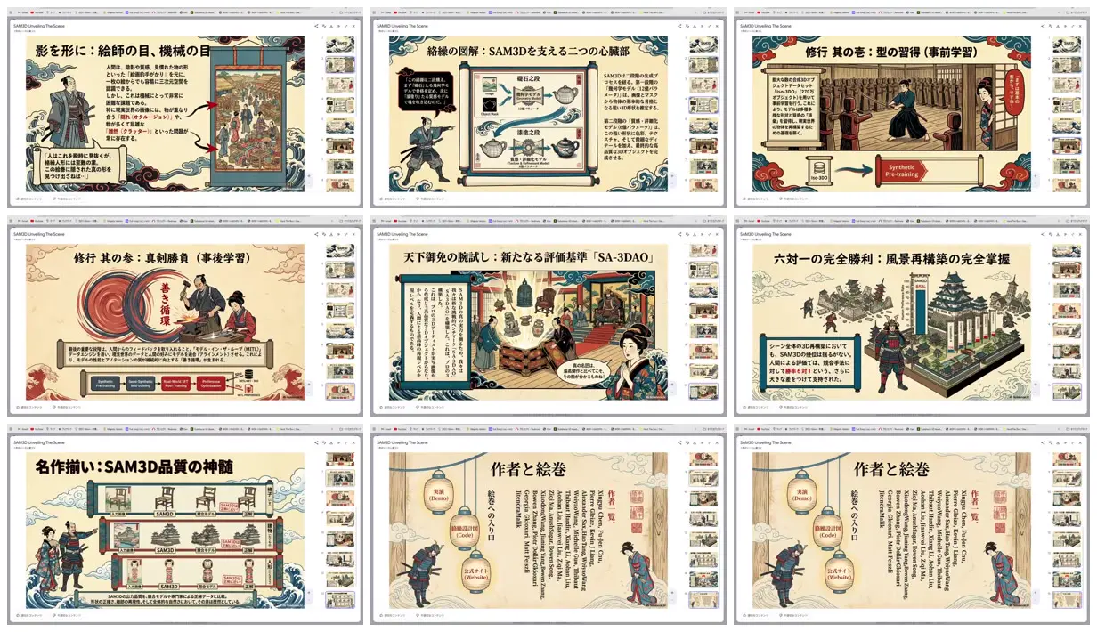Nine frames from across Ukiyo-e styled 3D research deck