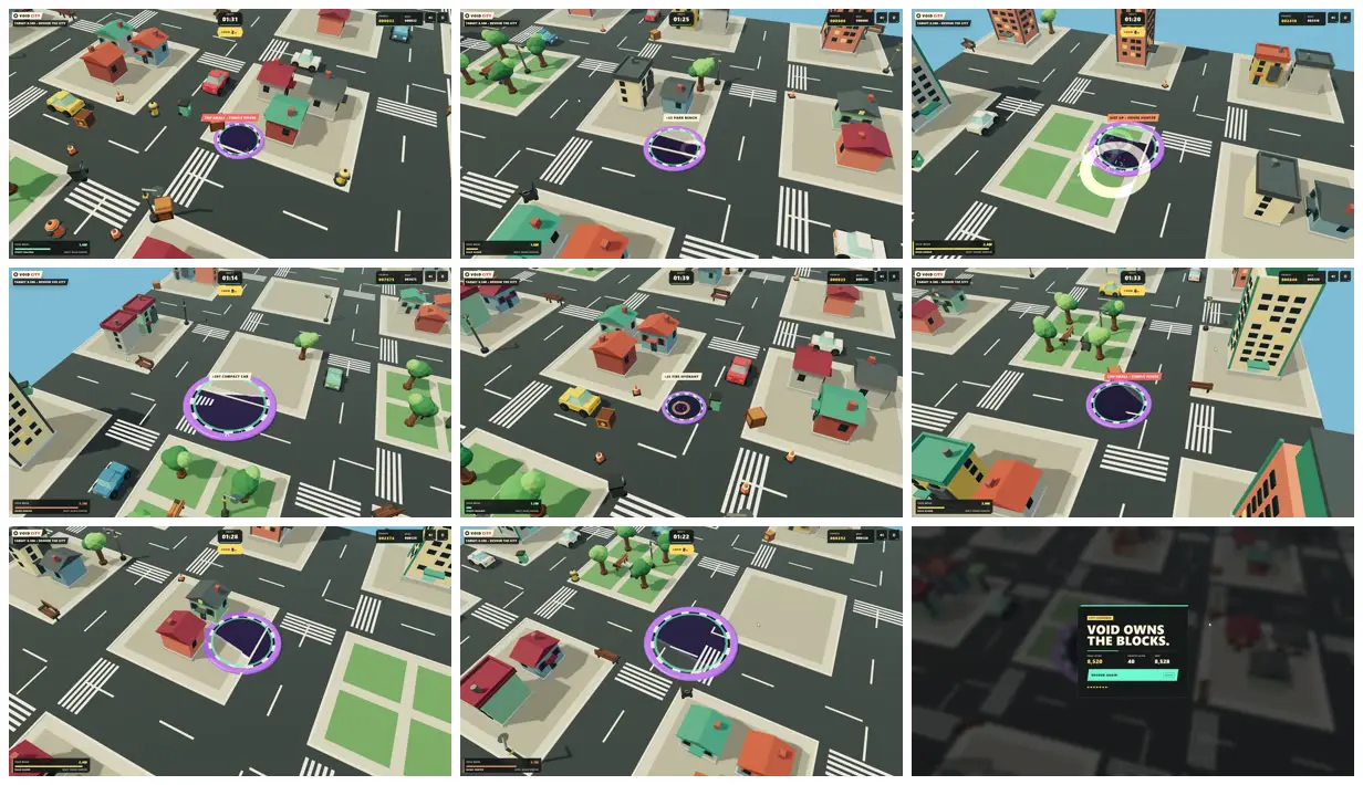 Nine frames from across Hole that swallows a low-poly city