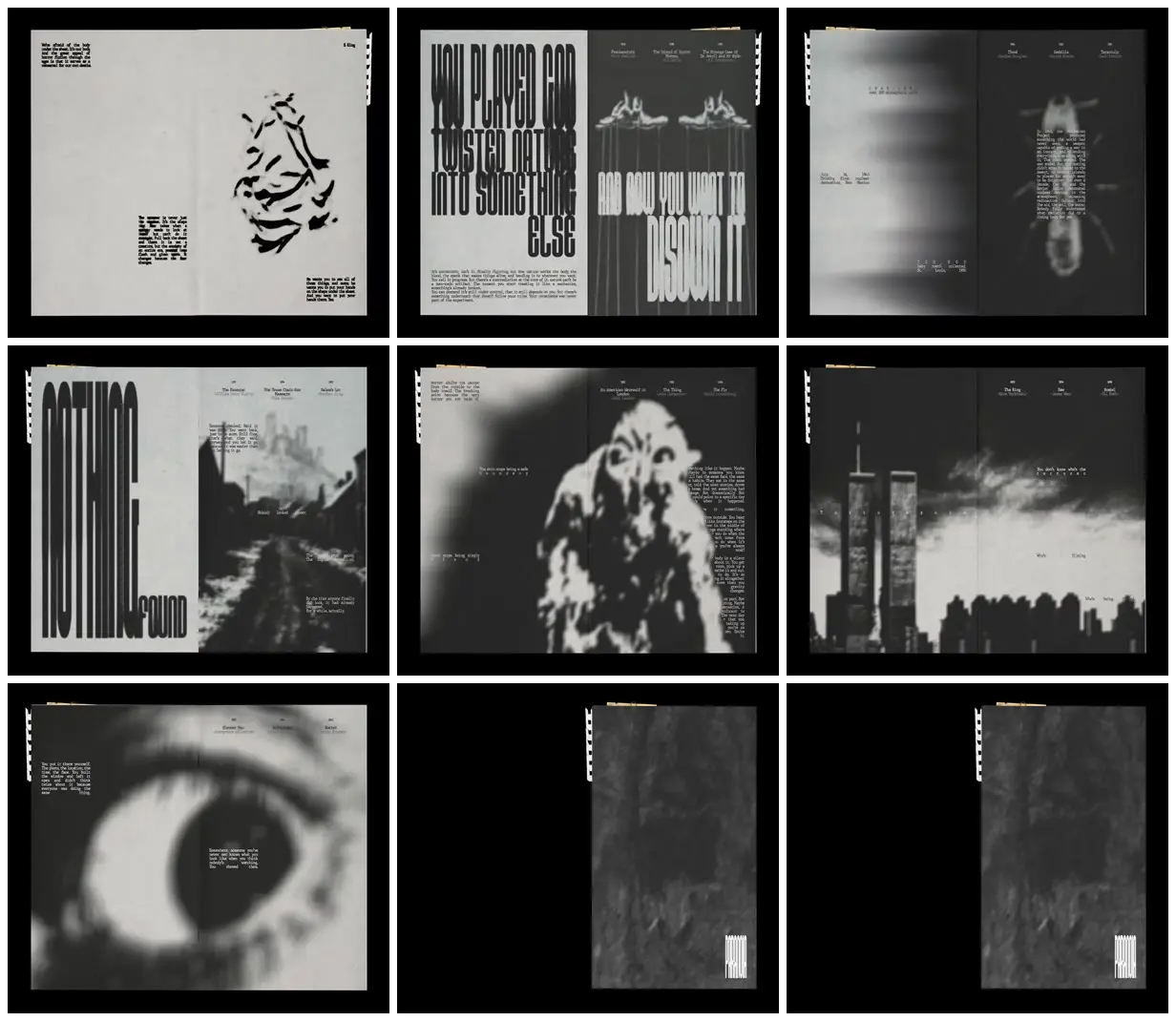 Nine frames from across Monochrome horror zine on collective fears
