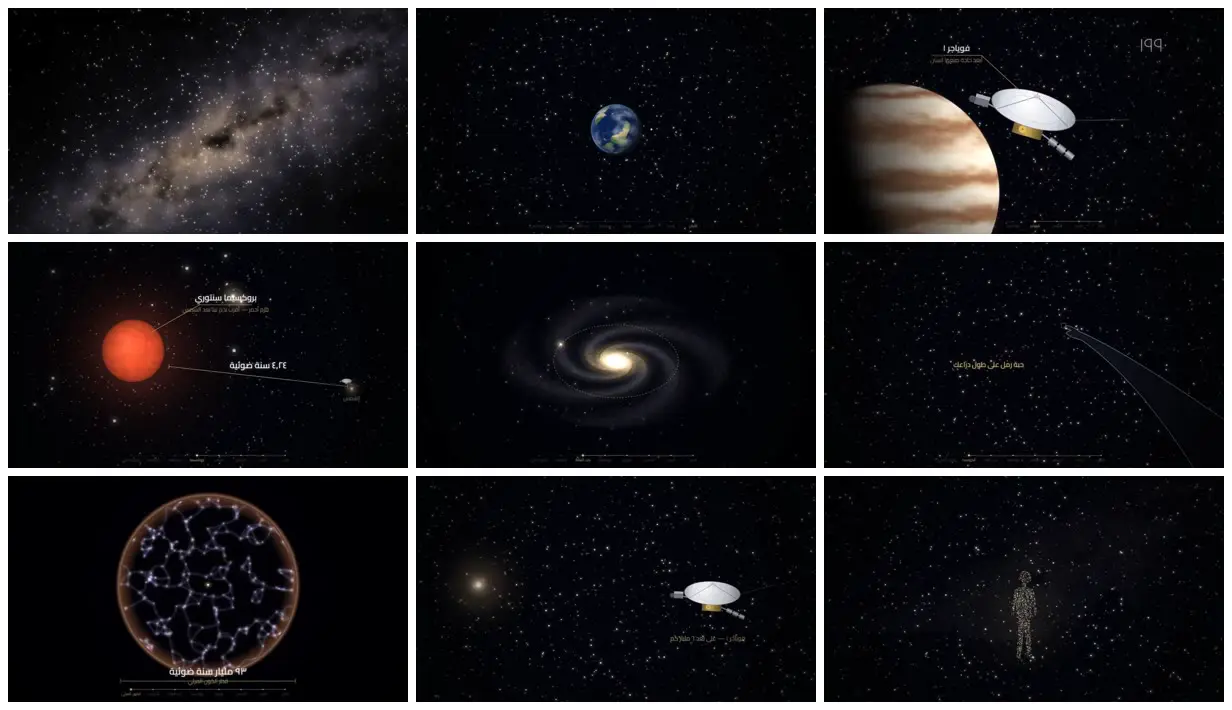 Nine frames from across Universe-scale documentary in Arabic