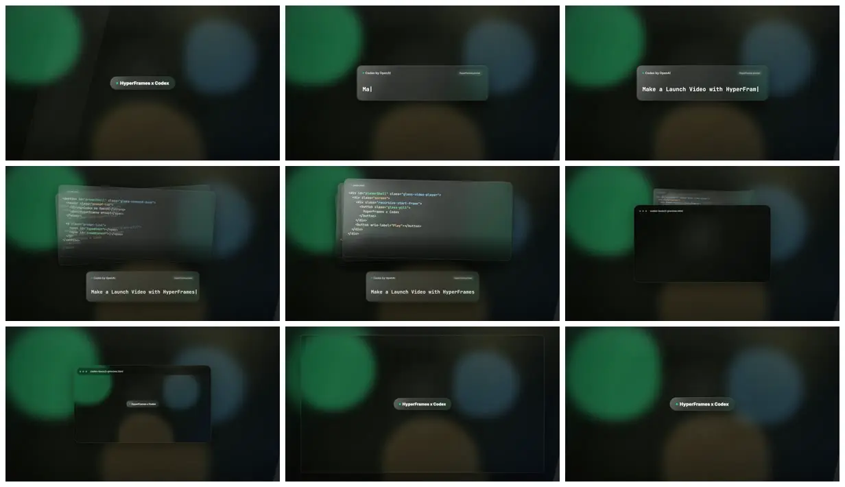 Nine frames from across Looping glassmorphism UI launch clip