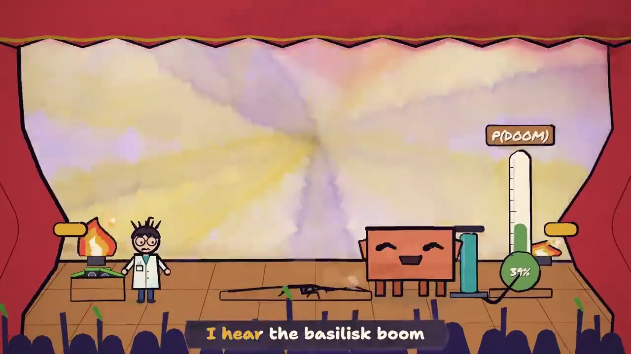 Frame from Watercolor music video for a P(doom) song
