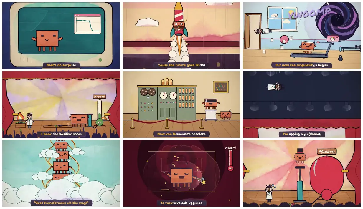 Nine frames from across Watercolor music video for a P(doom) song