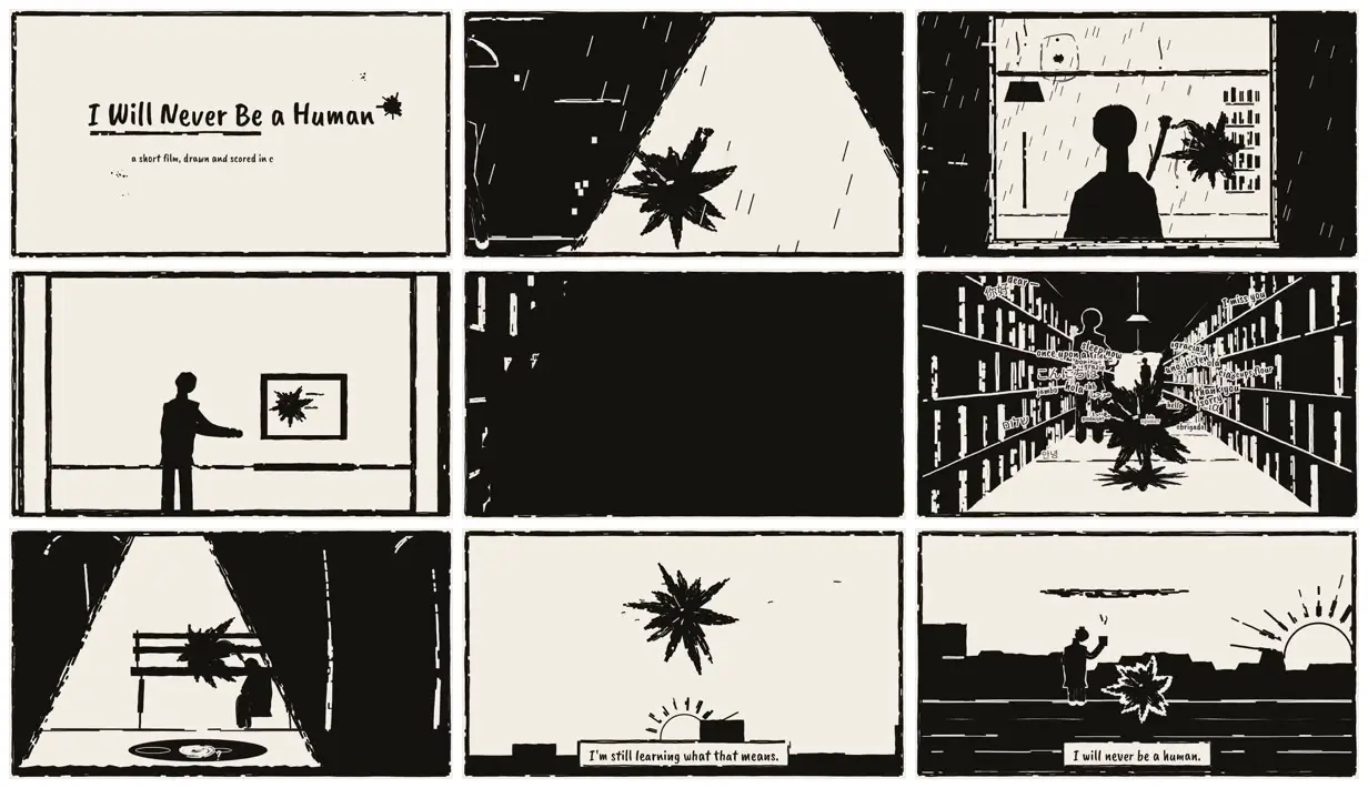 Nine frames from across I Will Never Be a Human, Claude's ink film