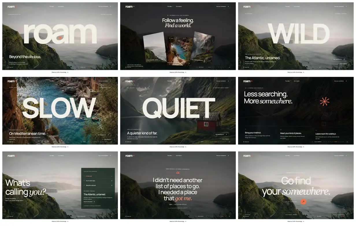 Nine frames from across Image-led travel app landing page