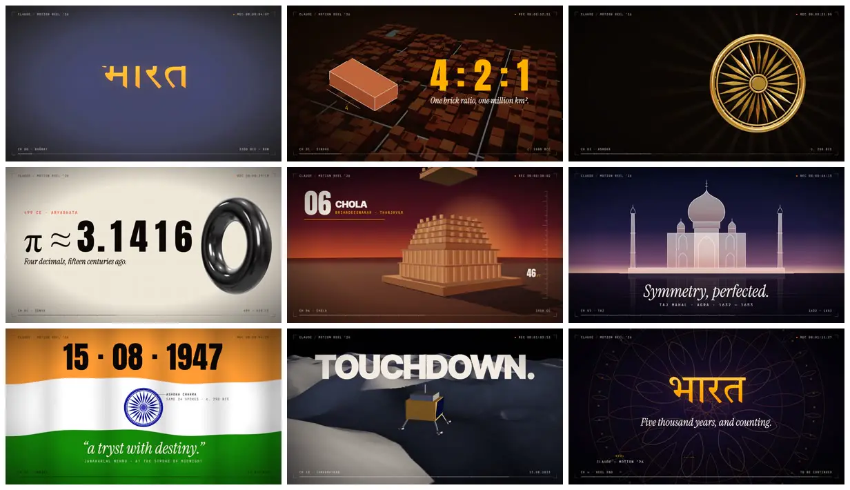 Nine frames from across Indian civilisation as a motion showreel