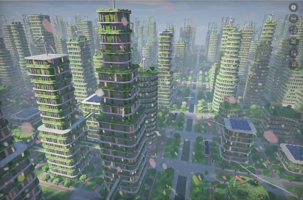 Frame from Infinite solarpunk city shader