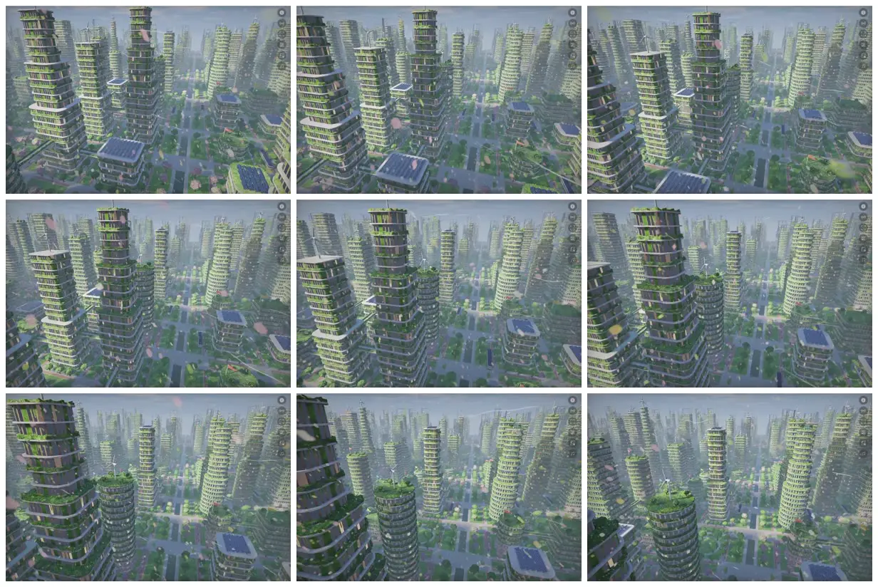 Nine frames from across Infinite solarpunk city shader