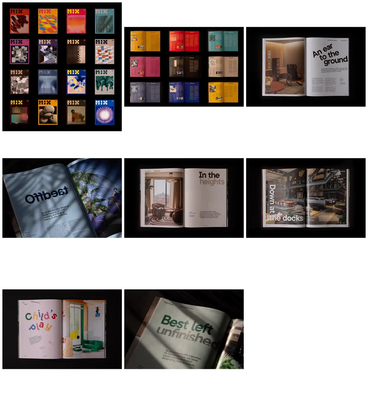 Nine frames from across Interiors with playful editorial type