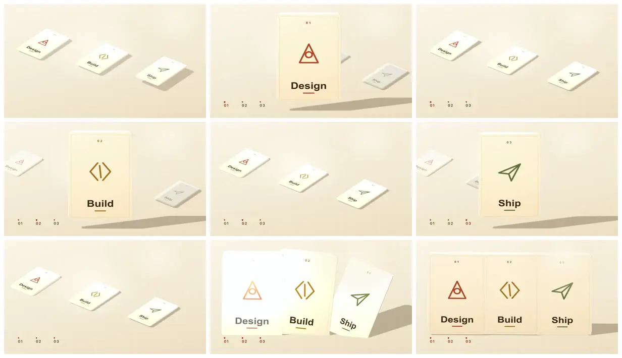 Nine frames from across Isometric 3D cards: Design, Build, Ship