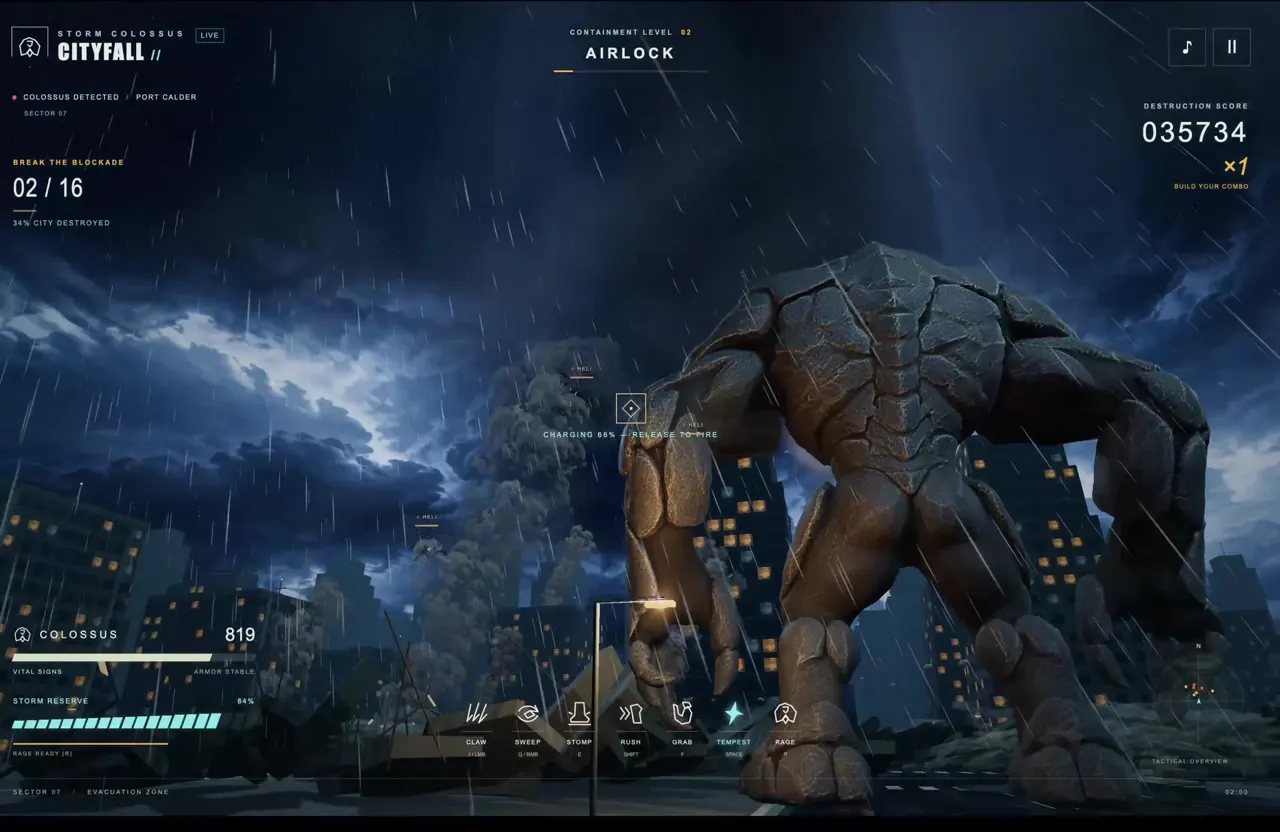 Frame from Kaiju battle in a storm-hit city