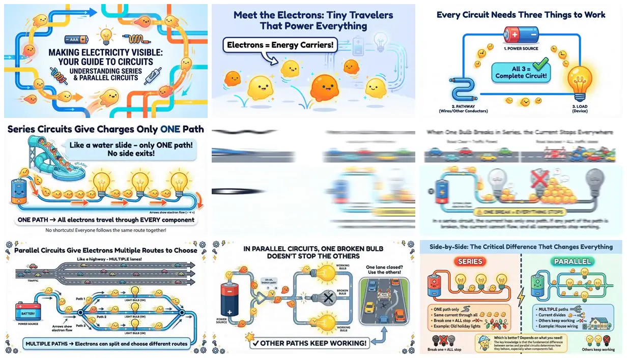 Nine frames from across Circuits deck with cartoon electrons