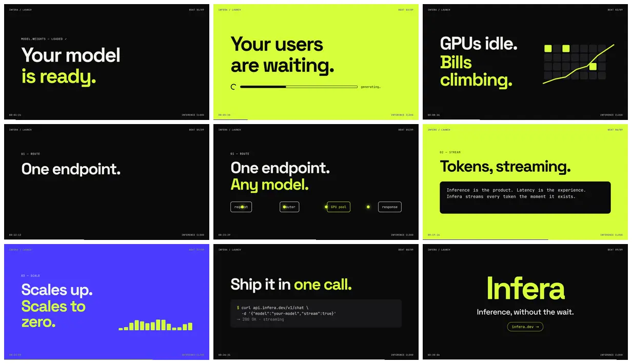 Nine frames from across Kinetic-type launch film for an AI startup