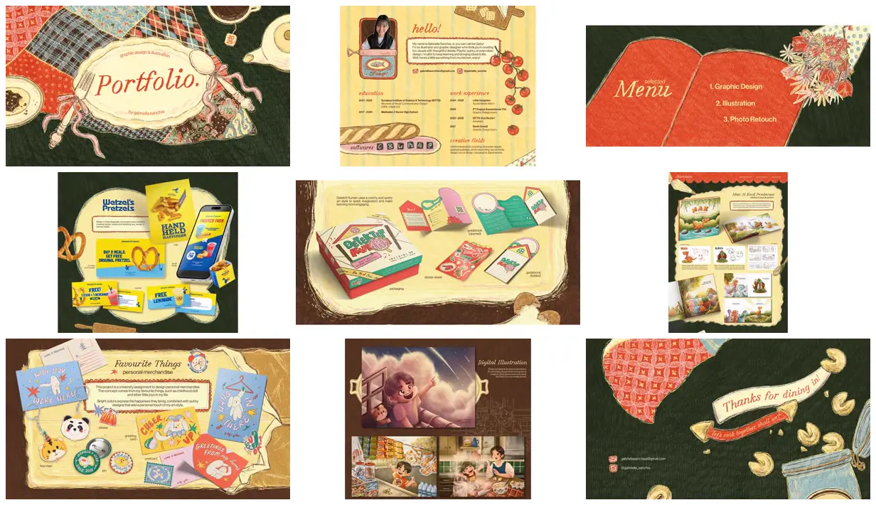 Nine frames from across Kitchen-themed illustrated portfolio