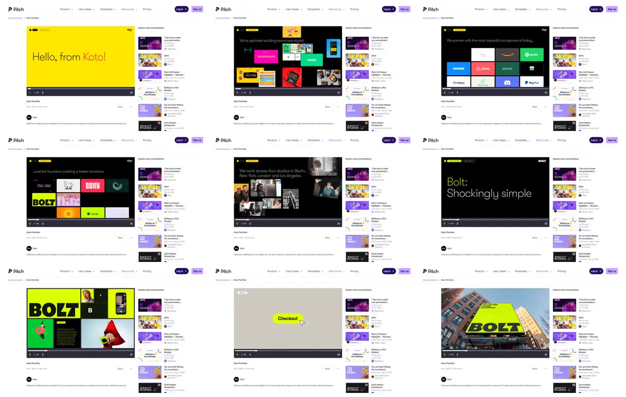 Nine frames from across Acid-yellow brand portfolio deck