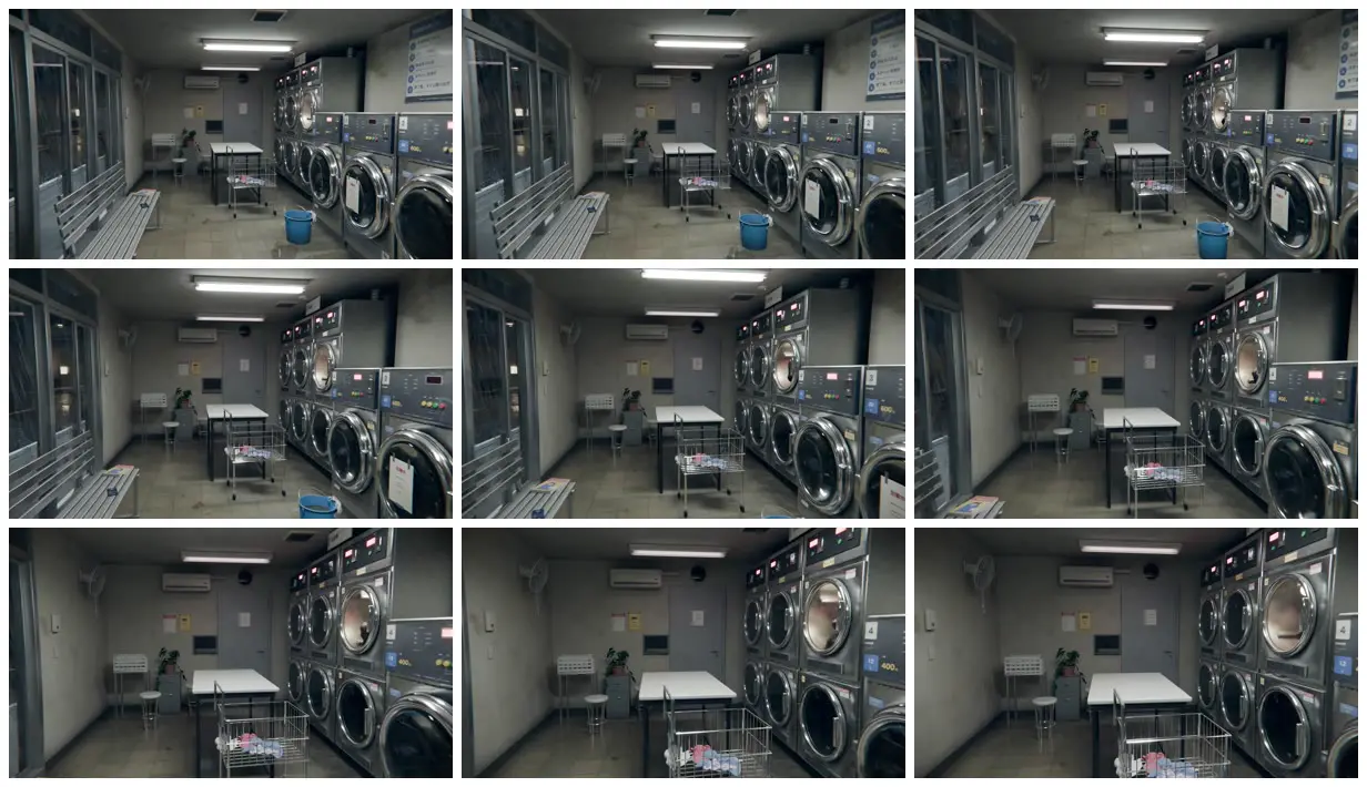 Nine frames from across Late-night laundromat built in Blender