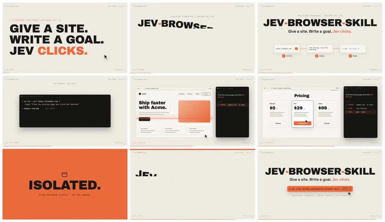 Nine frames from across README launch video for a browser skill