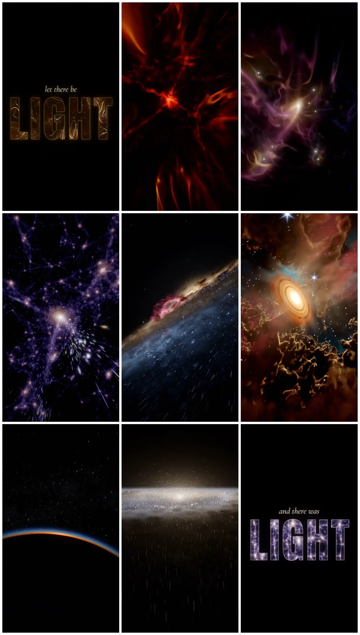 Nine frames from across Shader universe grown from one typed word