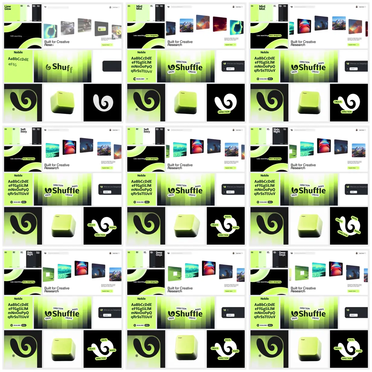 Nine frames from across Lime and black brand identity board