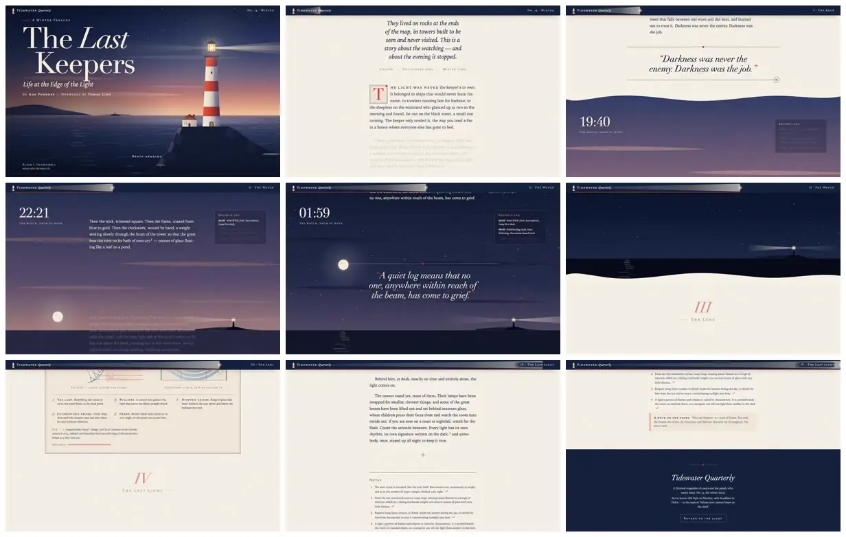 Nine frames from across Long-read story on lighthouse keepers