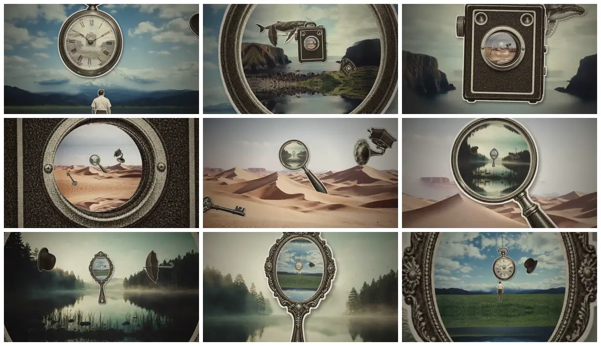 Nine frames from across Infinite-zoom loop through vintage objects