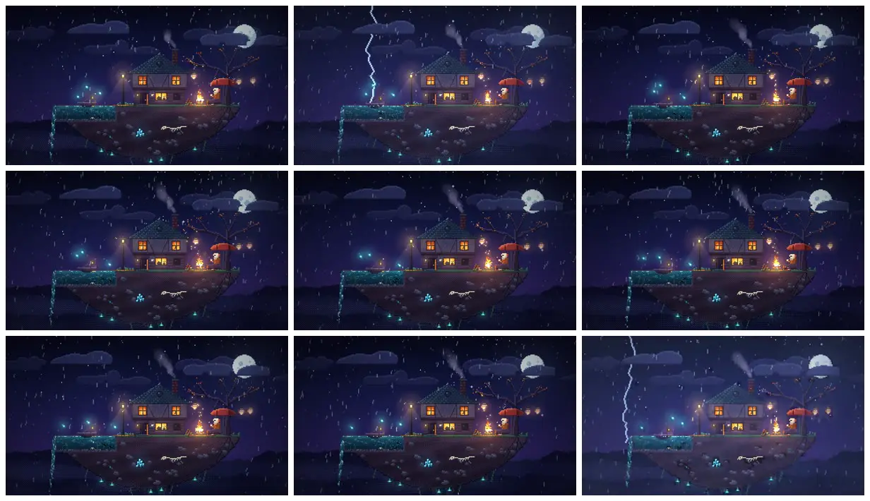 Nine frames from across Looping pixel-art Halloween diorama