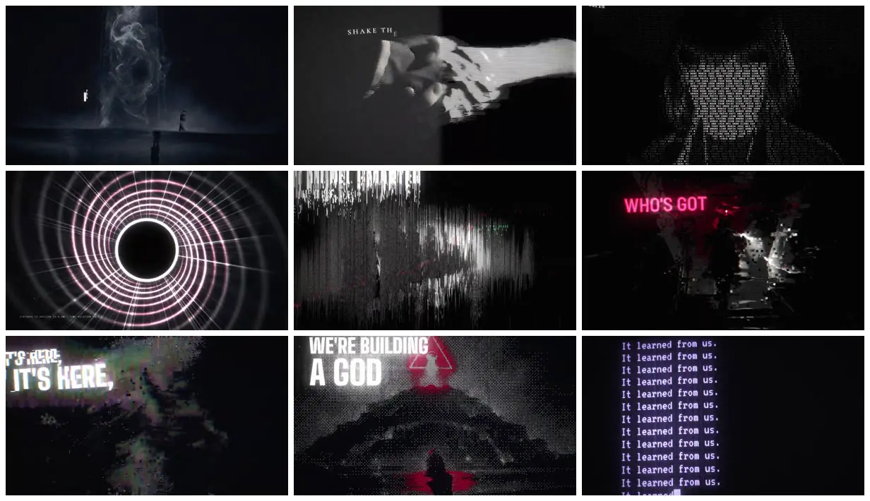 Nine frames from across Dithered ASCII music video on the AI race