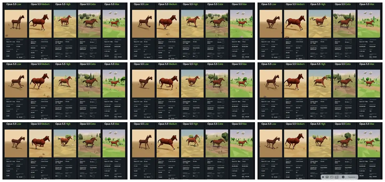 Nine frames from across Low-poly 3D horse at five effort levels