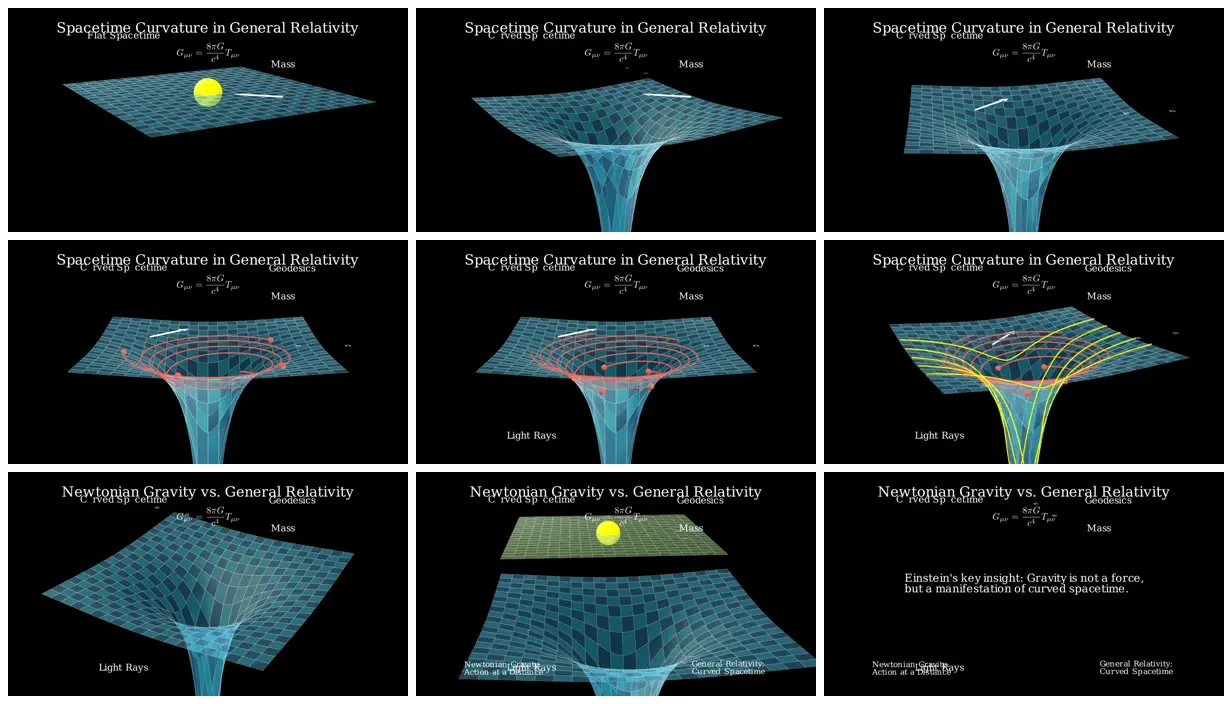 Nine frames from across Spacetime curvature in 3D Manim
