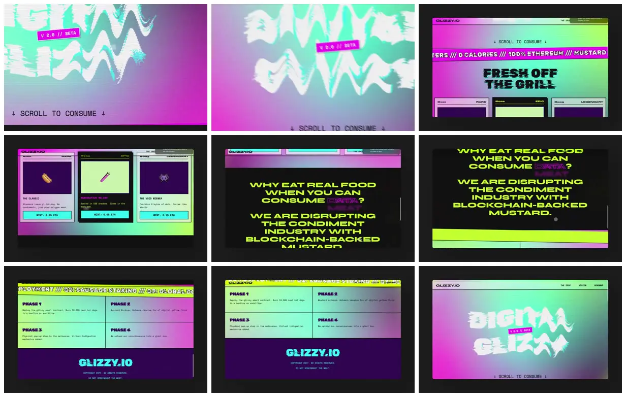 Nine frames from across Maximalist site for digital hot dogs