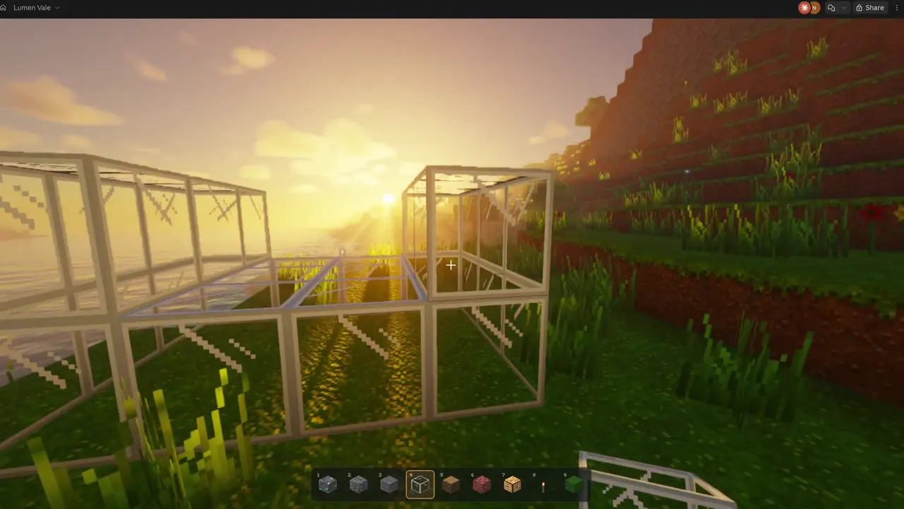 Frame from Minecraft-style world with shader lighting